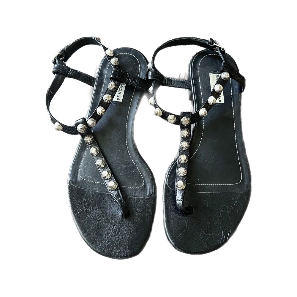 BALENCIAGA Black Leather Silver Studded T Strap Gladiator Sandals Size 37 US 7